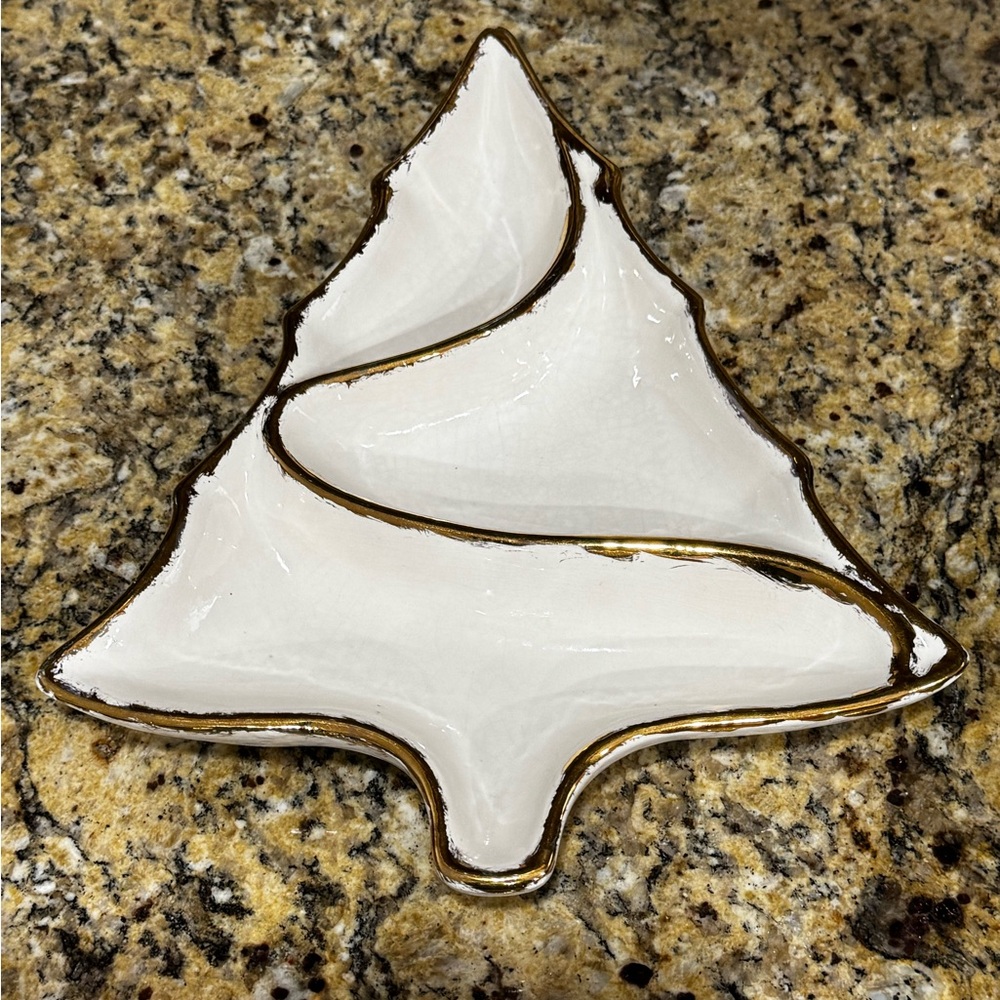 Vintage Handmade Christmas Tree Candy Nut Dish Snack Tray Cream with Gold Tone